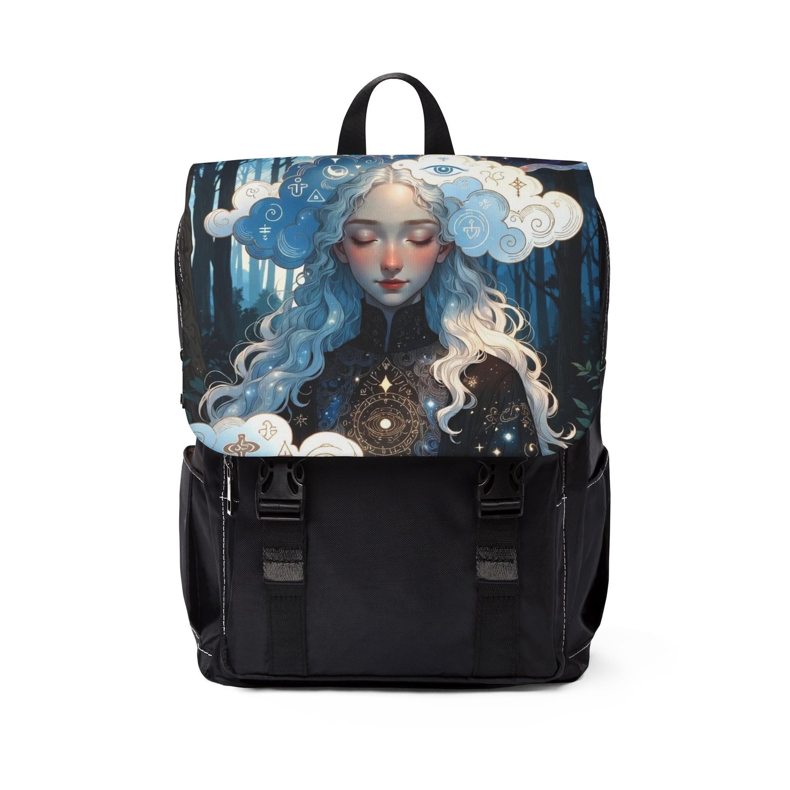 Dreamy Forest Girl Backpack — Artistic Blue Hair Flap Backpack