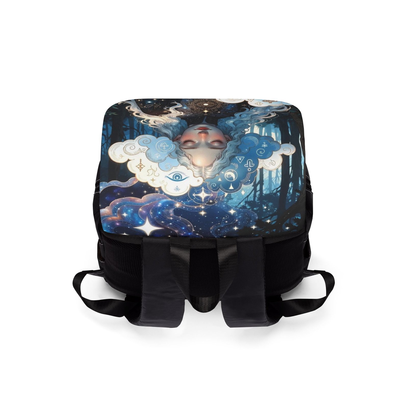 Dreamy Forest Girl Backpack — Artistic Blue Hair Flap Backpack - Image 4