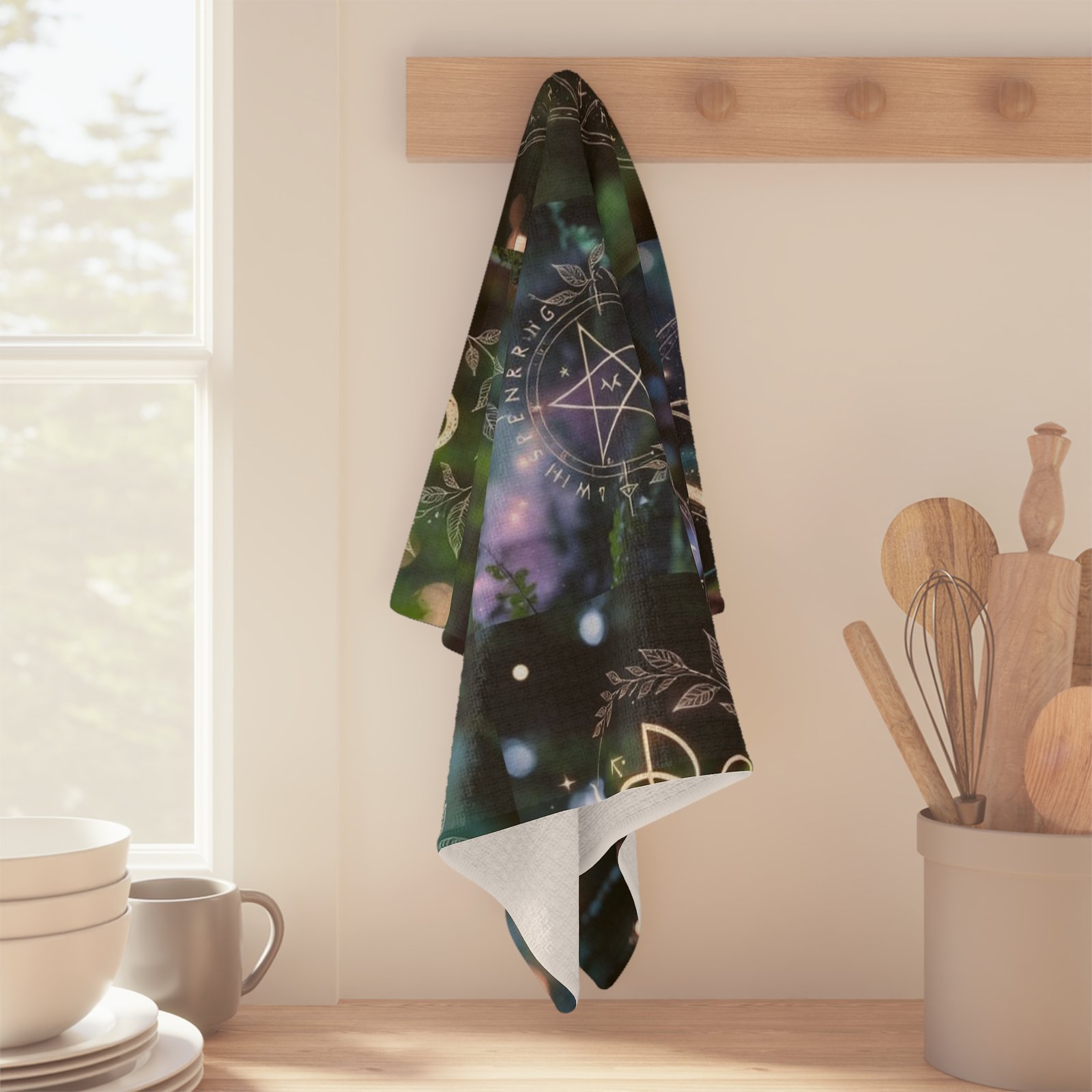 Mystic Pentacle Tea Towel — Witchy Botanical Microfiber Kitchen Towel - Image 4