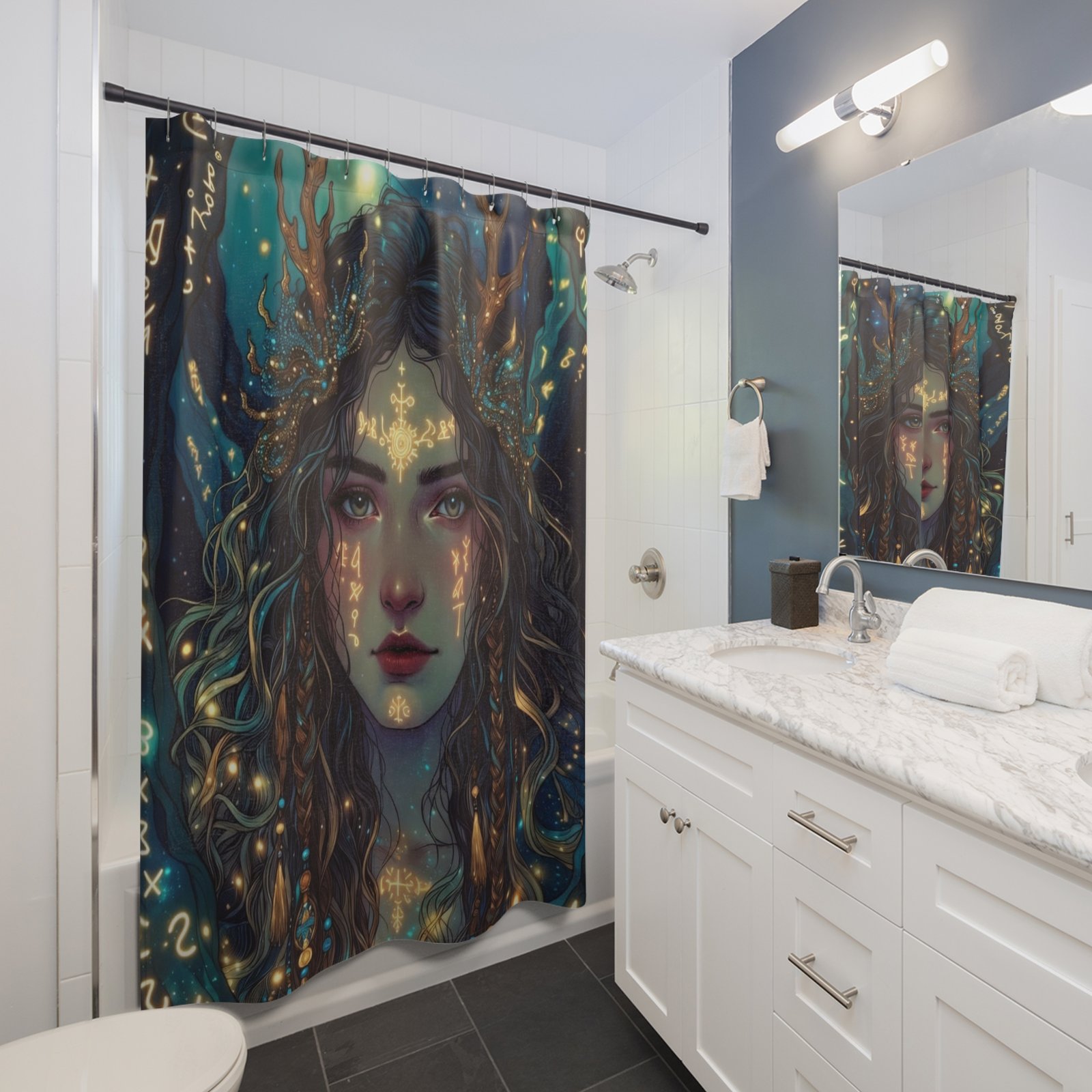 Mystic Forest Goddess Shower Curtain — Ethereal Portrait with Golden Runes - Image 5
