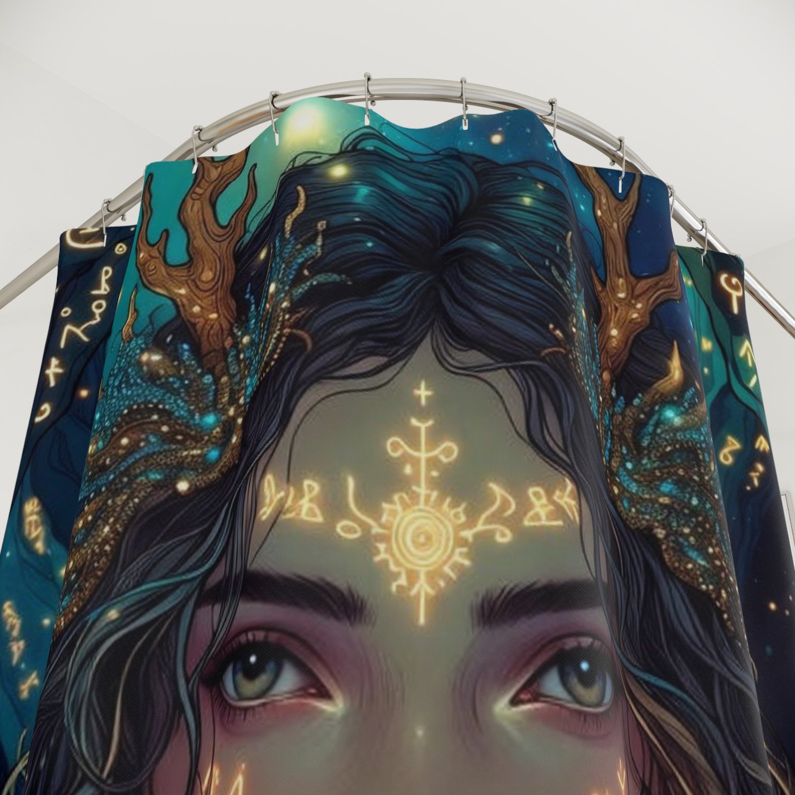 Mystic Forest Goddess Shower Curtain — Ethereal Portrait with Golden Runes - Image 4