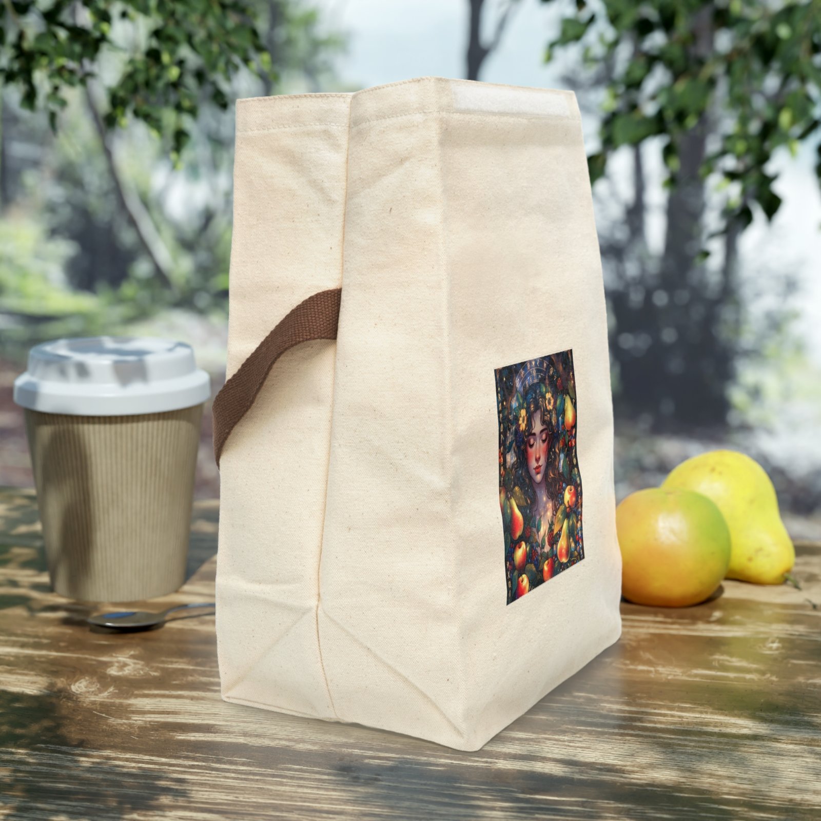 Canvas Lunch Bag — Autumn Fruit Goddess Art Tote with Strap - Image 5