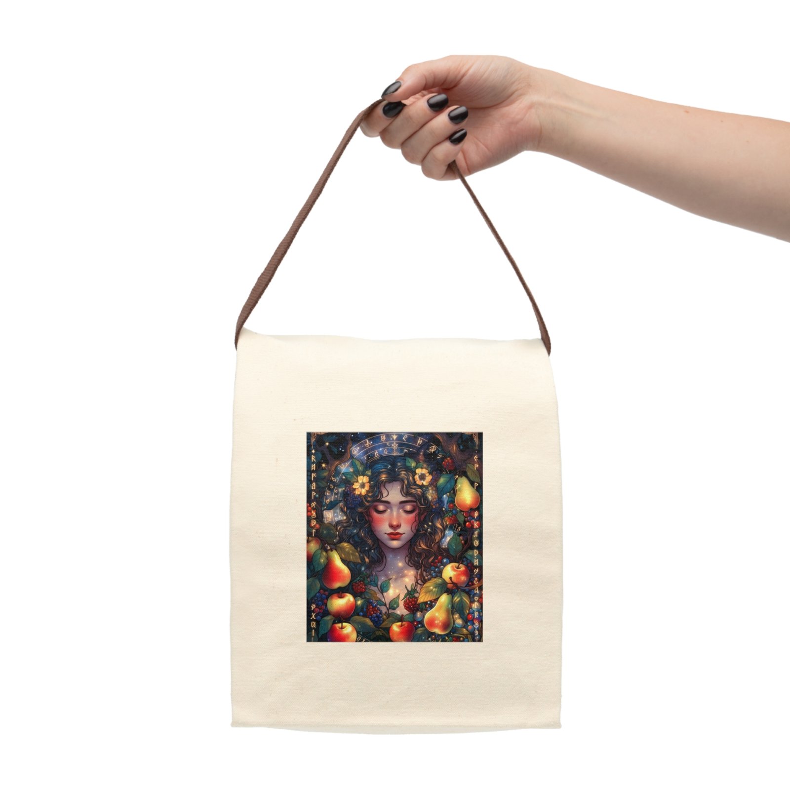 Canvas Lunch Bag — Autumn Fruit Goddess Art Tote with Strap - Image 4