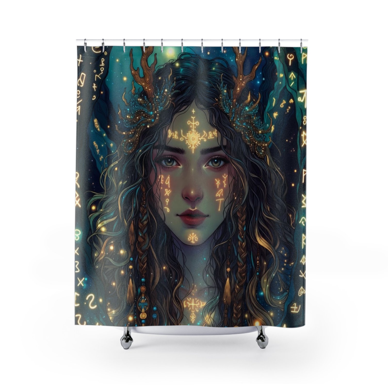Mystic Forest Goddess Shower Curtain — Ethereal Portrait with Golden Runes - Image 3