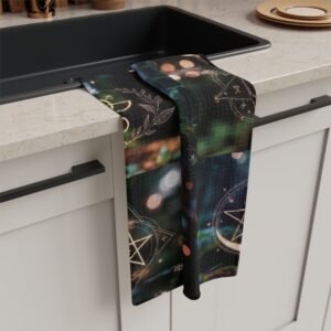 Mystic Pentacle Tea Towel — Witchy Botanical Microfiber Kitchen Towel