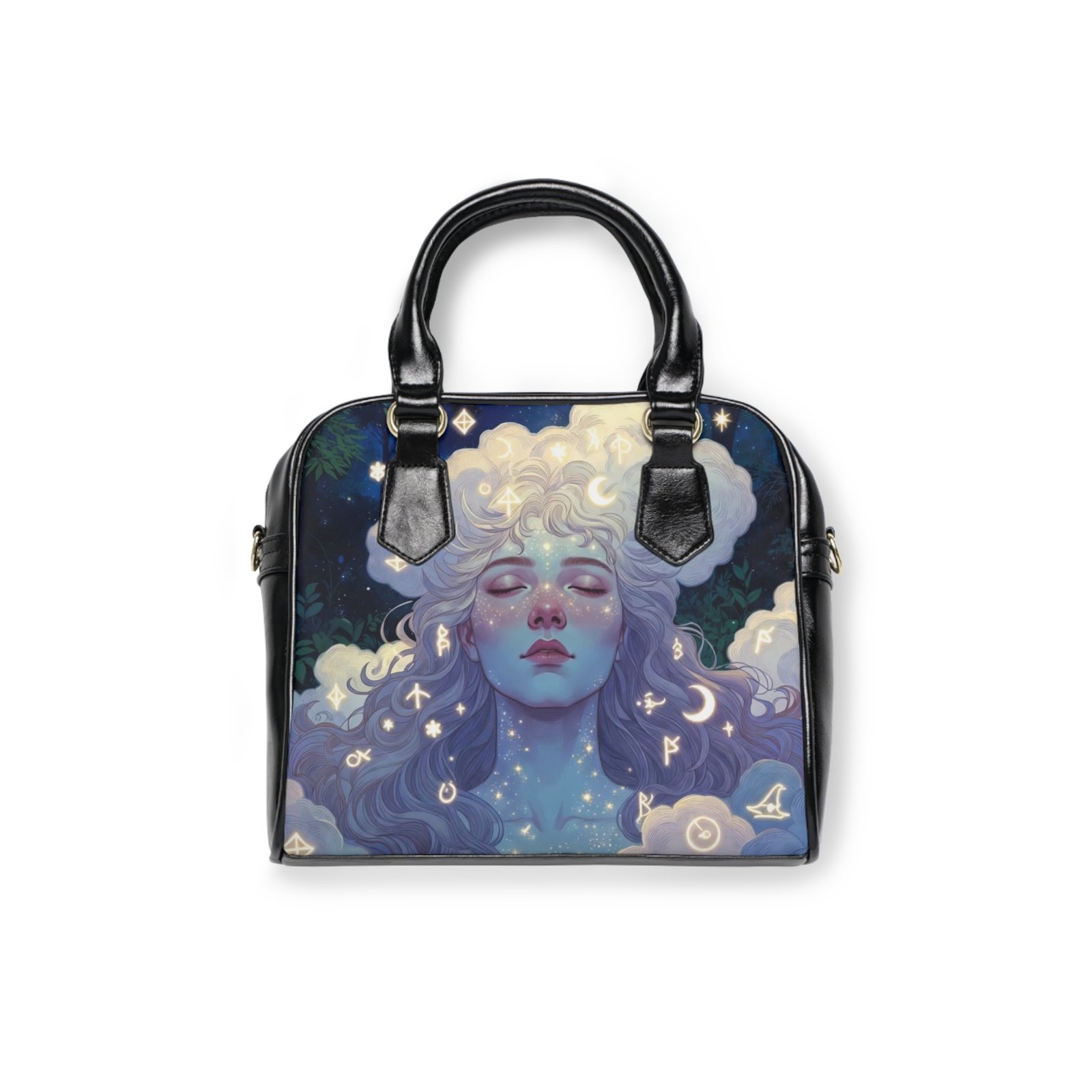 Celestial Dreamscape Shoulder Handbag — Ethereal Blue Goddess Art