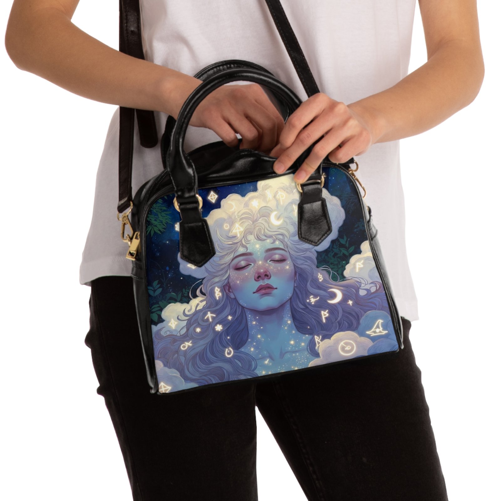 Celestial Dreamscape Shoulder Handbag — Ethereal Blue Goddess Art - Image 4