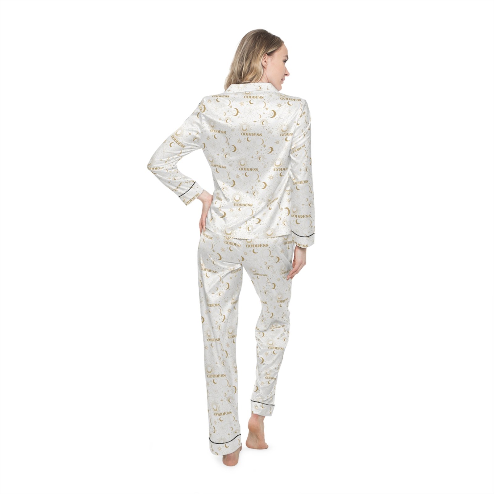 Women's Satin Pajama Set — Elegant Gold Moon & Stars Print - Image 4