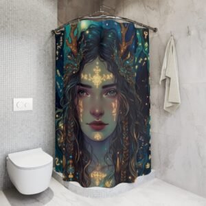 Mystic Forest Goddess Shower Curtain — Ethereal Portrait with Golden Runes