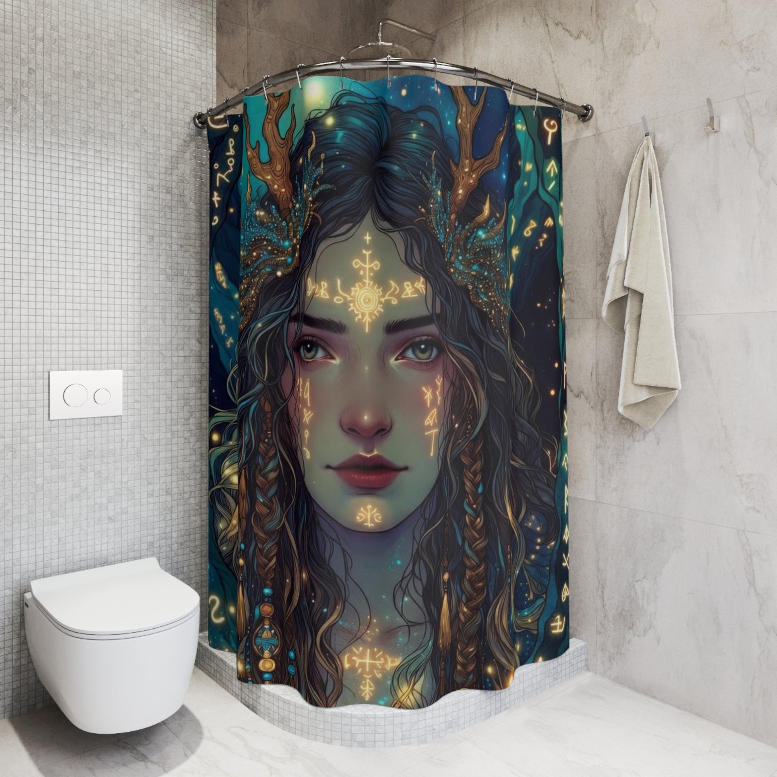 Mystic Forest Goddess Shower Curtain — Ethereal Portrait with Golden Runes