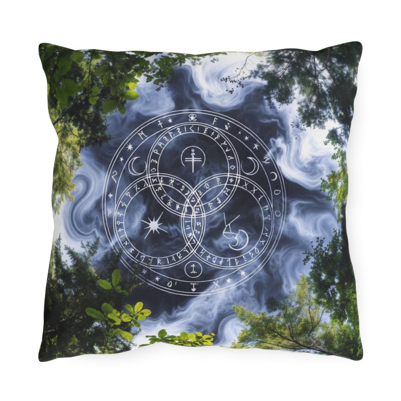 Mystic Forest Outdoor Pillow — Celestial Triquetra Sigil Design