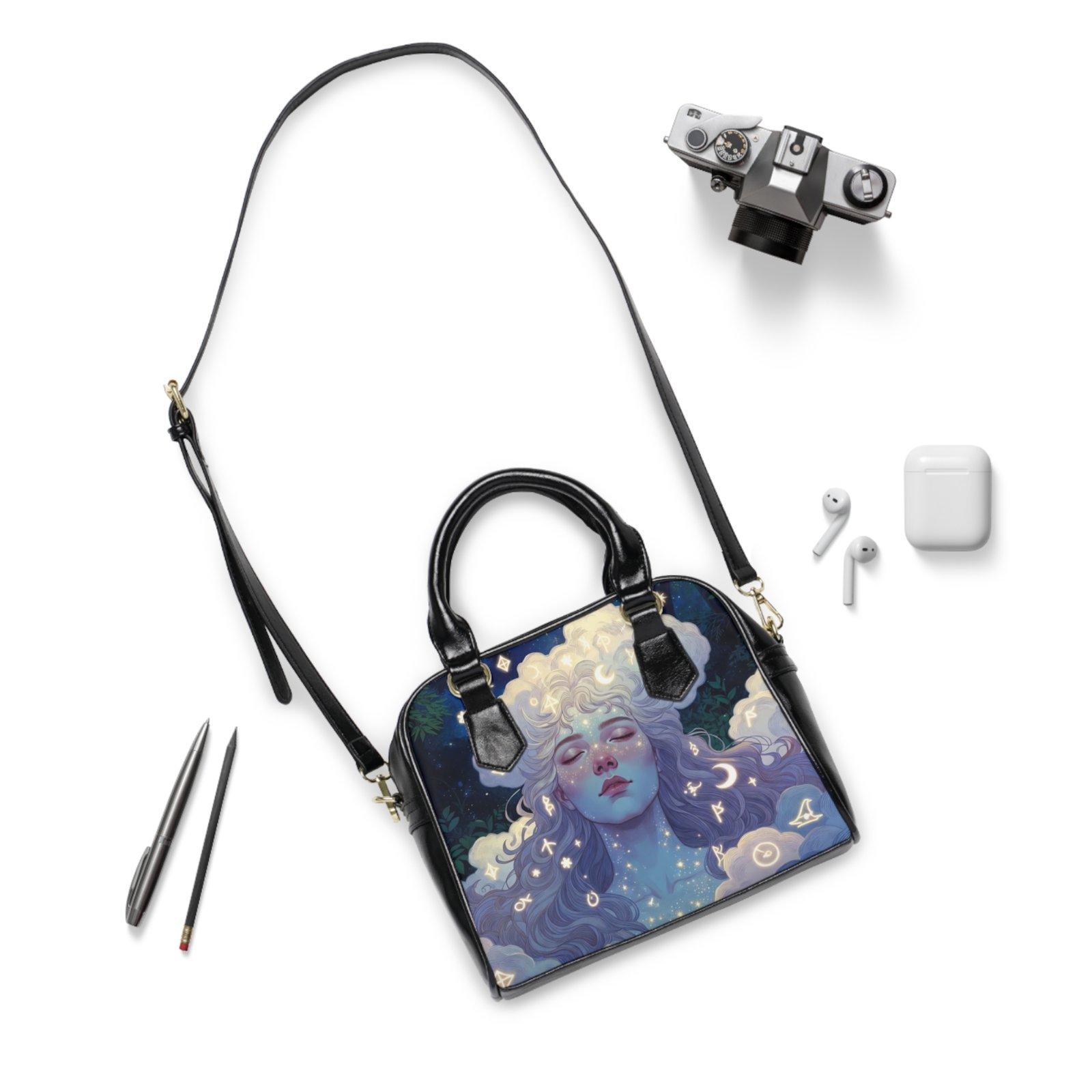 Celestial Dreamscape Shoulder Handbag — Ethereal Blue Goddess Art - Image 3