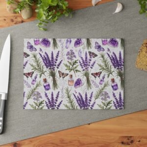 Lavender Herb Glass Cutting Board — Floral Kitchen Prep Board with Butterflies & Essential Oil Motif