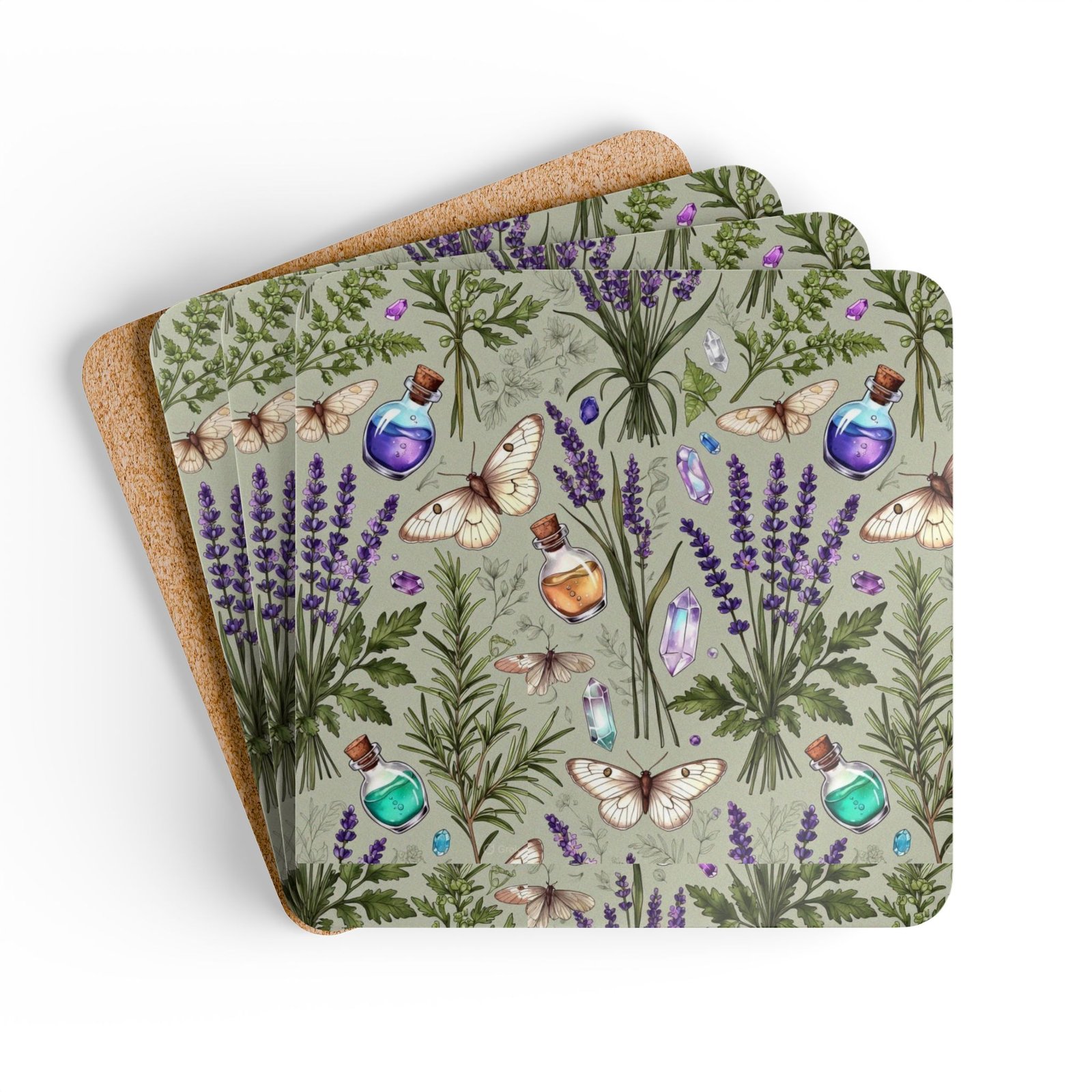 Herbal Apothecary Cork Coaster Set — Lavender, Moths & Potion Bottle Drink Coasters - Image 6