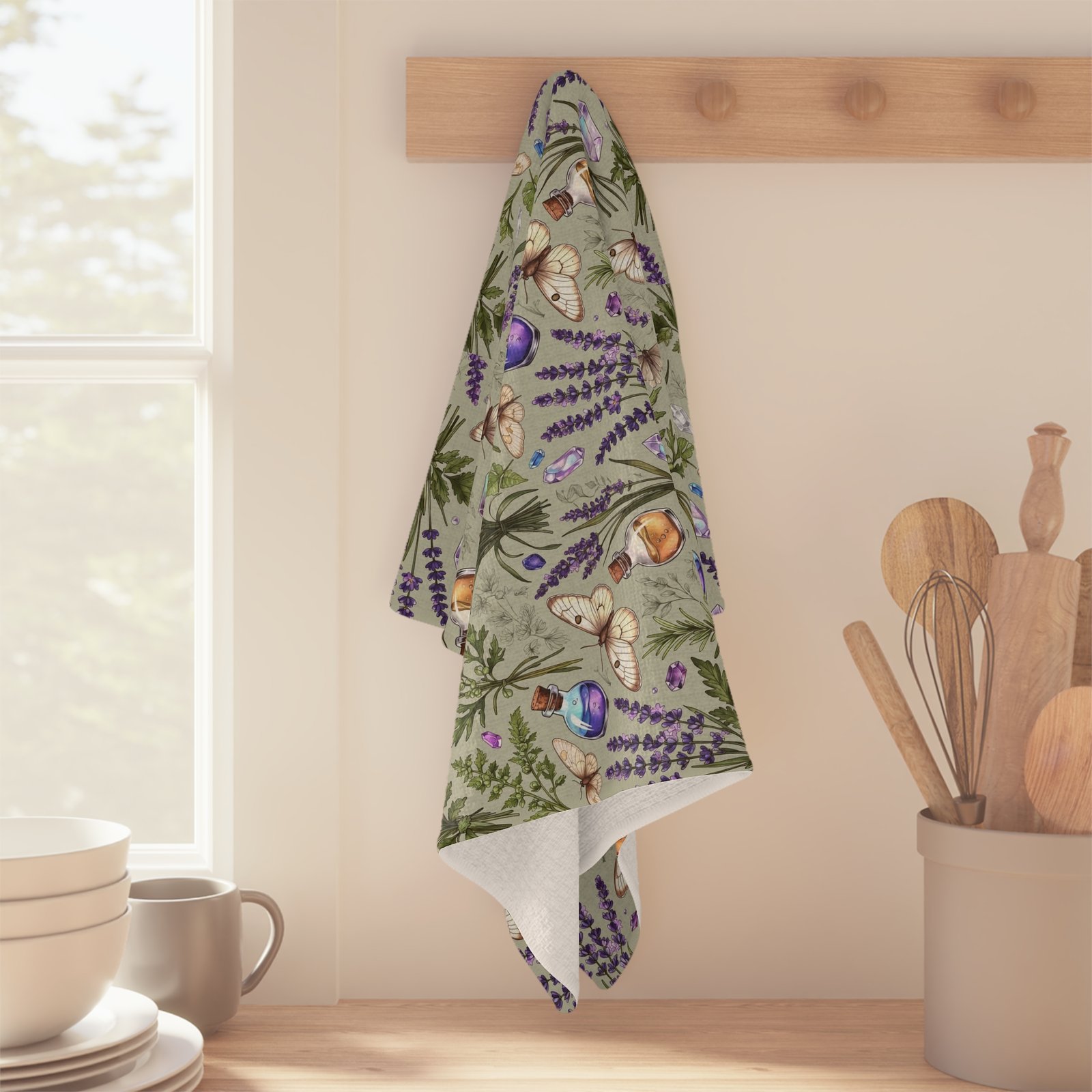 Lavender & Herbs Microfiber Tea Towel — Botanical Moth & Apothecary Pattern - Image 4