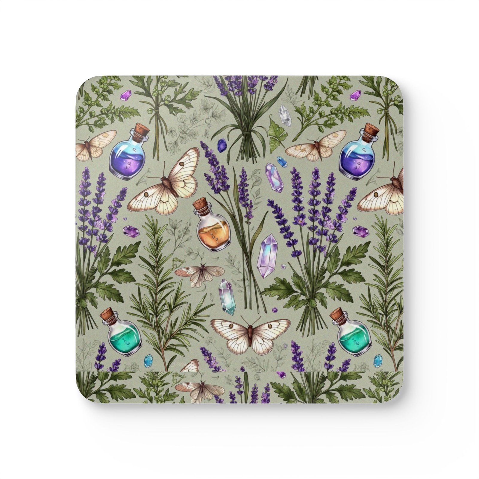 Herbal Apothecary Cork Coaster Set — Lavender, Moths & Potion Bottle Drink Coasters - Image 2
