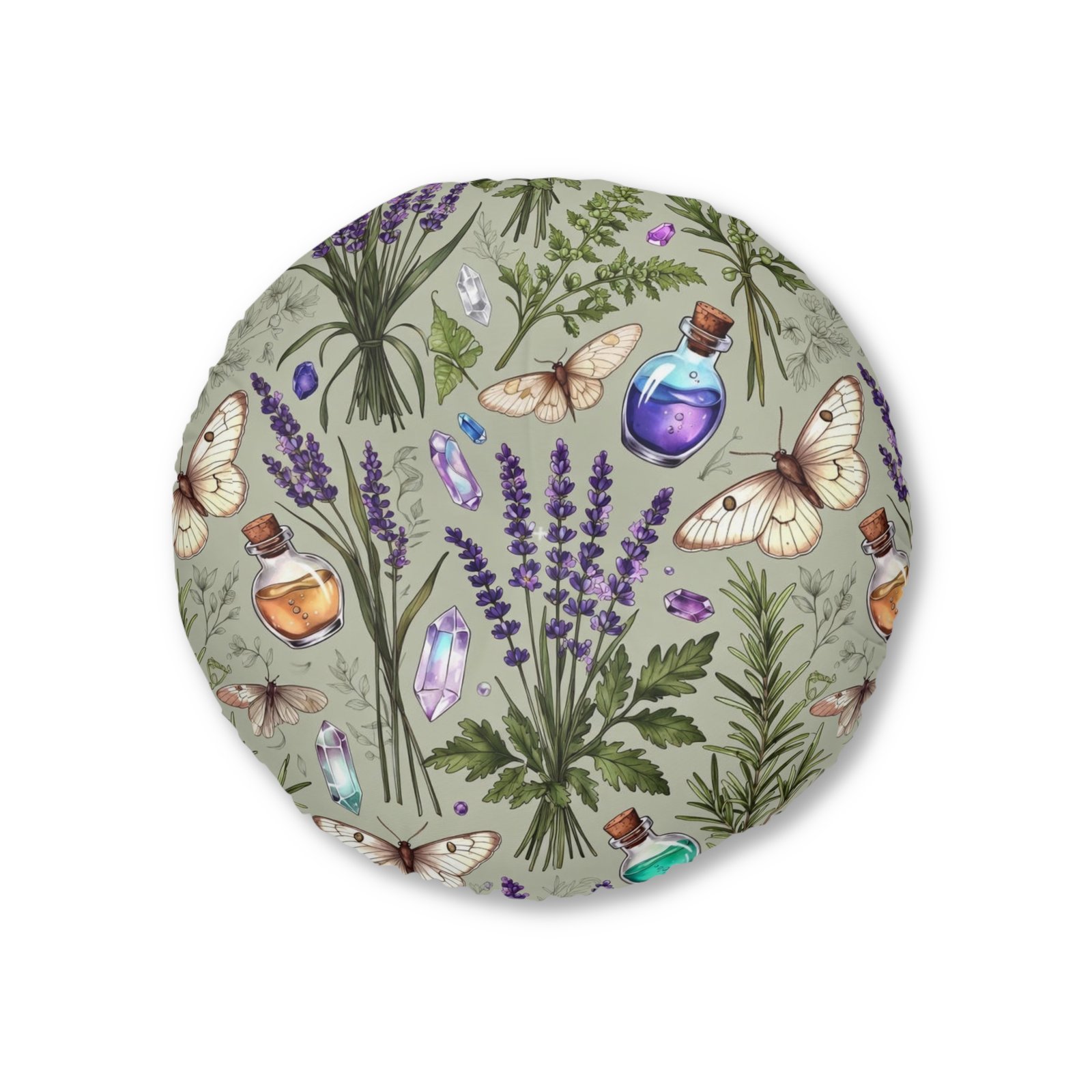 Lavender Apothecary Round Floor Pillow — Botanical Herbs, Crystals & Moths Tufted Cushion - Image 2