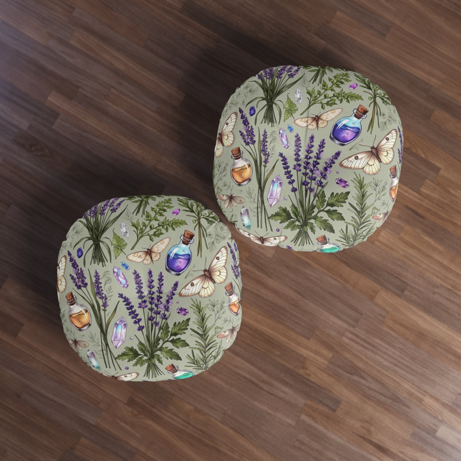 Lavender Apothecary Round Floor Pillow — Botanical Herbs, Crystals & Moths Tufted Cushion - Image 7