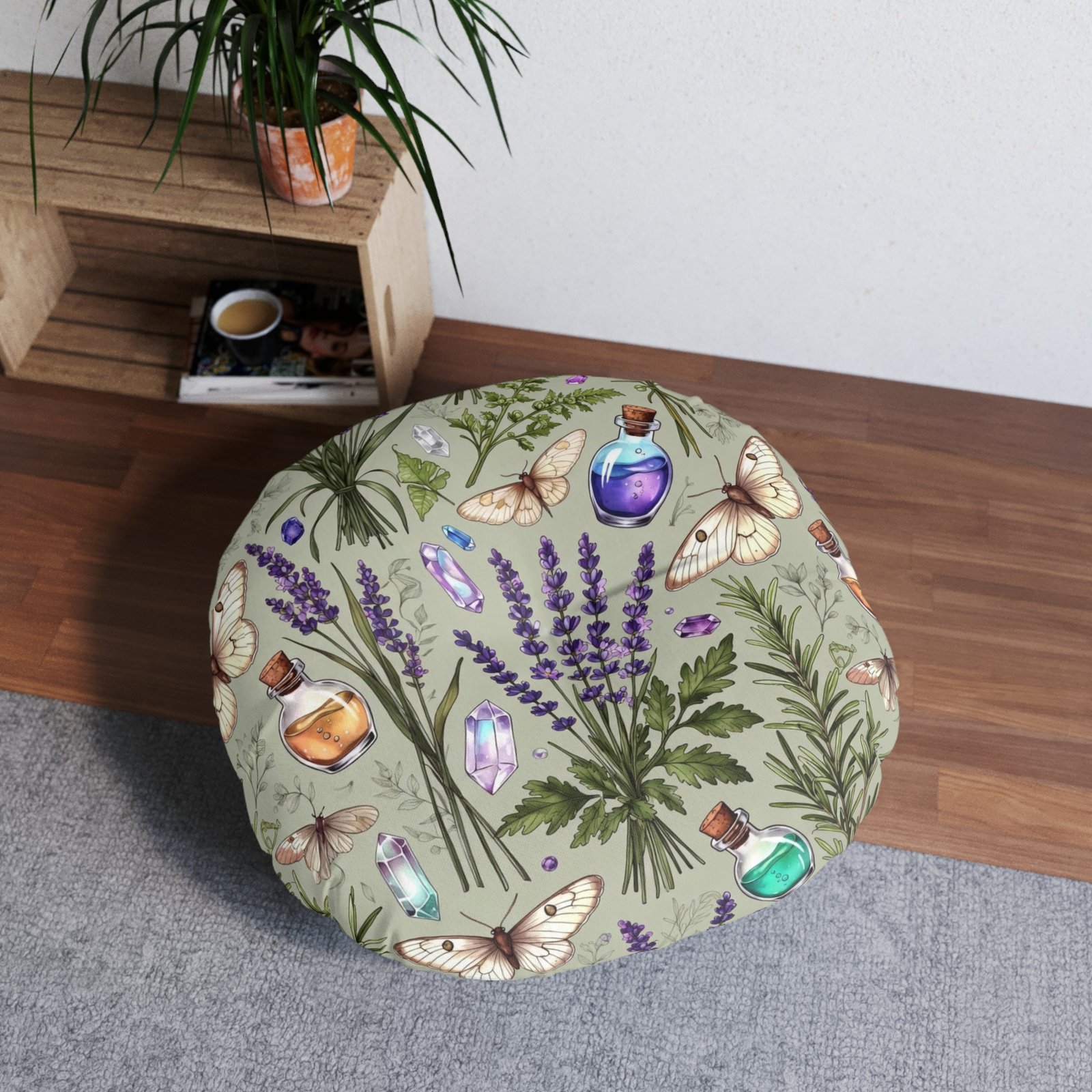 Lavender Apothecary Round Floor Pillow — Botanical Herbs, Crystals & Moths Tufted Cushion - Image 8