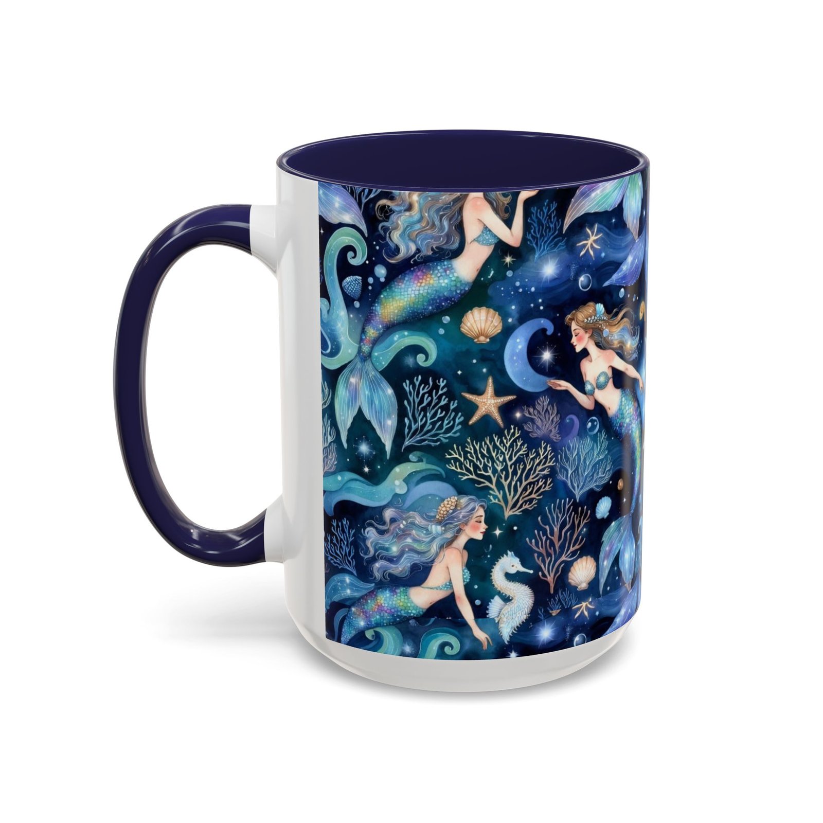 Mermaid Sea Pattern Accent Coffee Mug – 11/15oz Oceanic Fantasy Ceramic Mug - Image 3