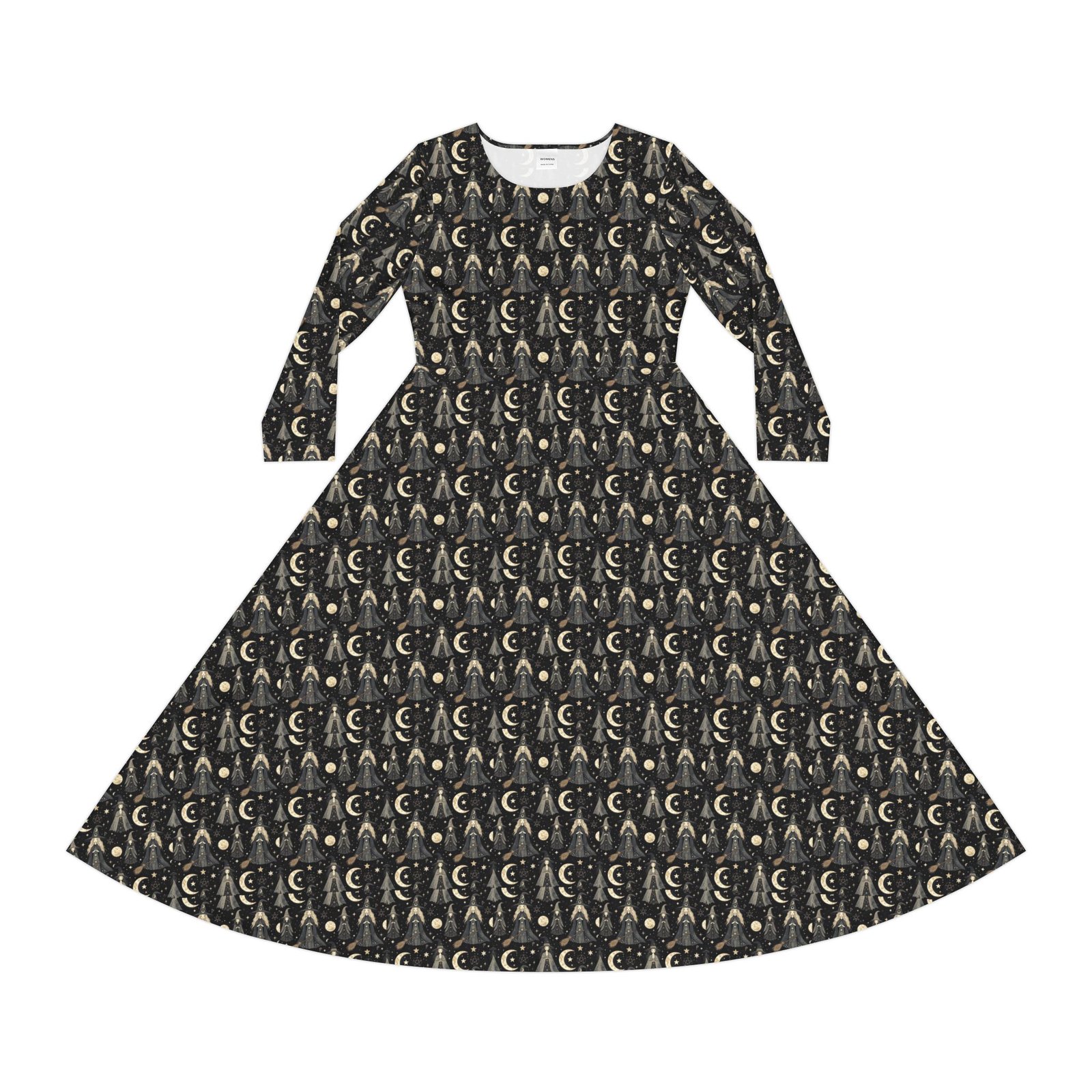 Moonlit Goddess Dance Dress – Long Sleeve Flared Maxi with Crescent Moon Pattern - Image 2