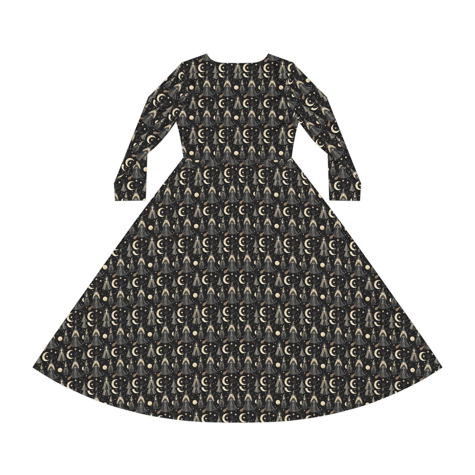 Moonlit Goddess Dance Dress – Long Sleeve Flared Maxi with Crescent Moon Pattern - Image 3