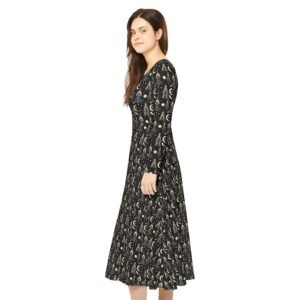 Moonlit Goddess Dance Dress – Long Sleeve Flared Maxi with Crescent Moon Pattern