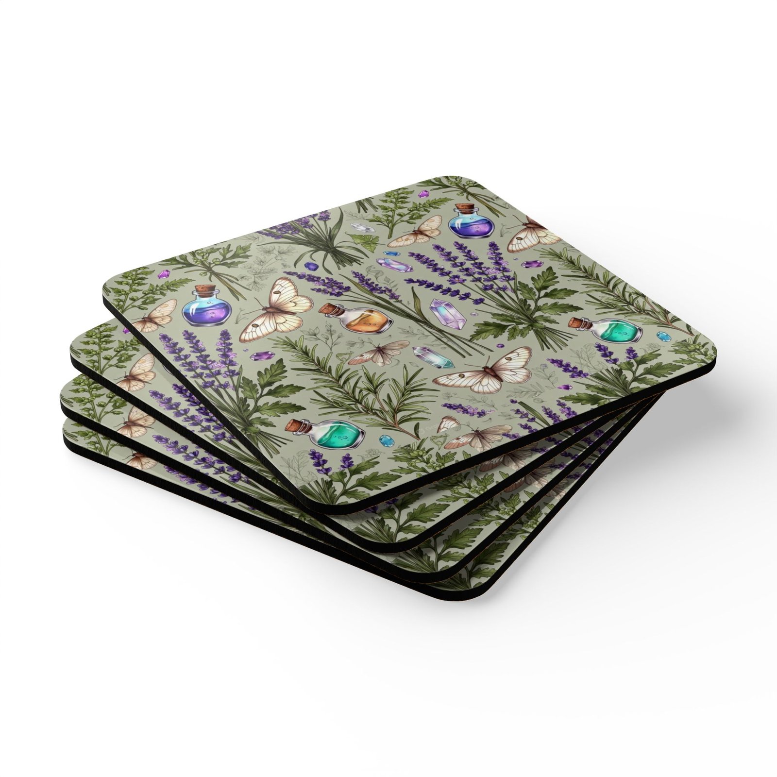 Herbal Apothecary Cork Coaster Set — Lavender, Moths & Potion Bottle Drink Coasters - Image 4