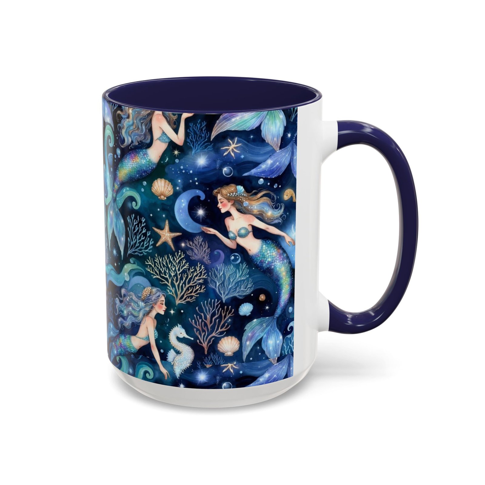 Mermaid Sea Pattern Accent Coffee Mug – 11/15oz Oceanic Fantasy Ceramic Mug