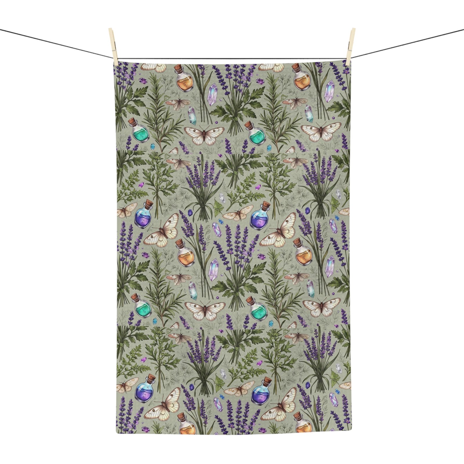 Lavender & Herbs Microfiber Tea Towel — Botanical Moth & Apothecary Pattern - Image 3