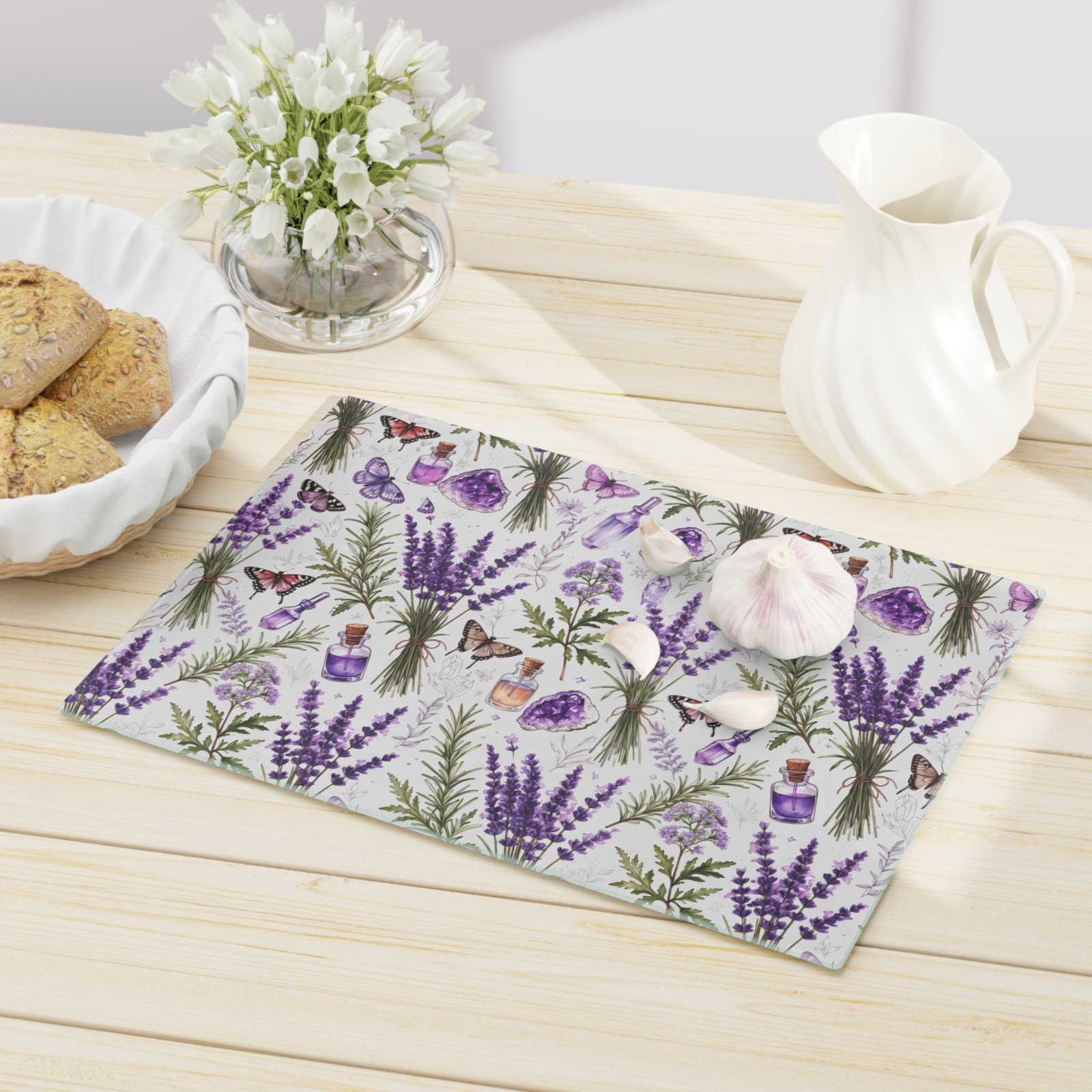 Lavender Herbal Apothecary Cutting Board — Lavender, Botanicals & Potion Bottle Kitchen Decor