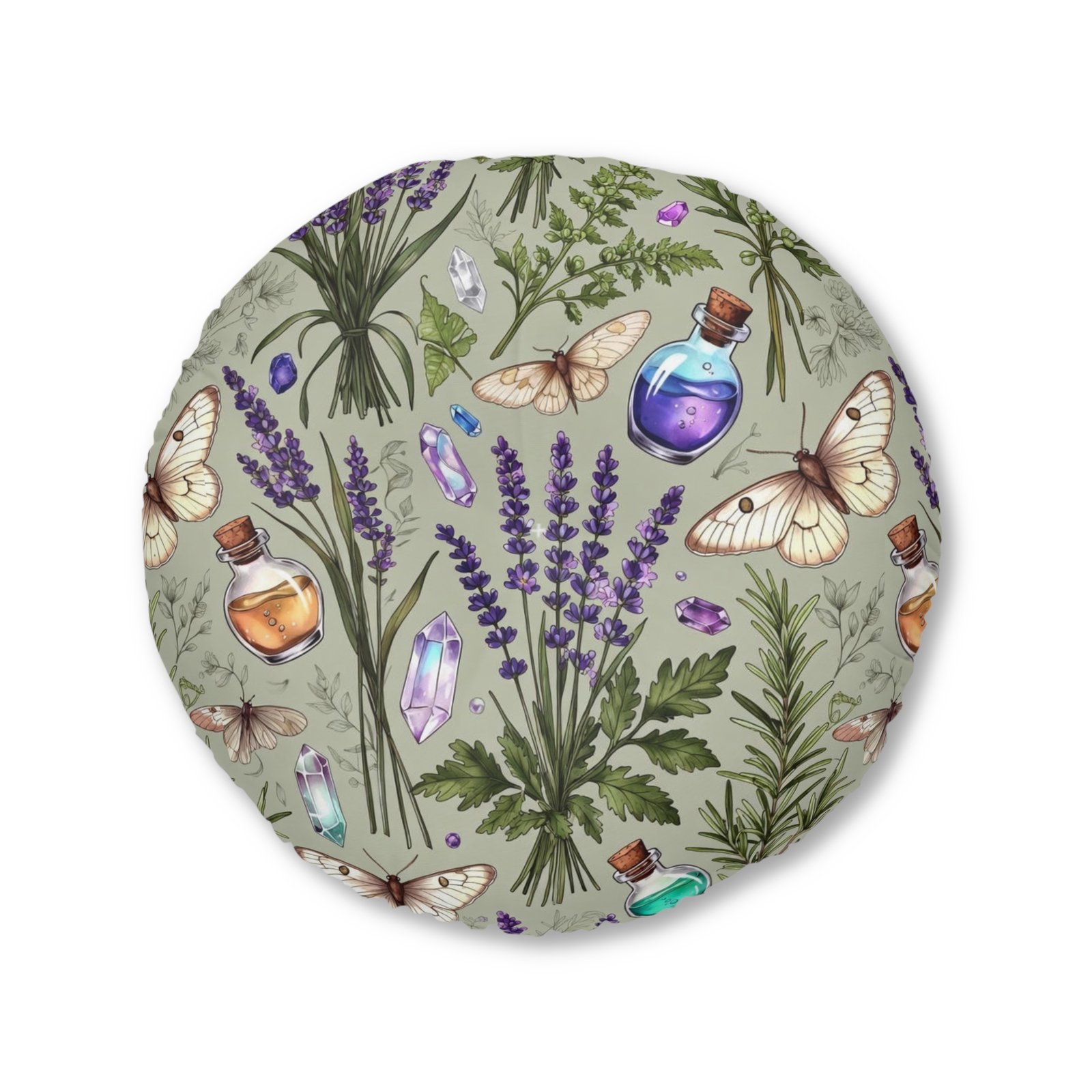 Lavender Apothecary Round Floor Pillow — Botanical Herbs, Crystals & Moths Tufted Cushion - Image 5