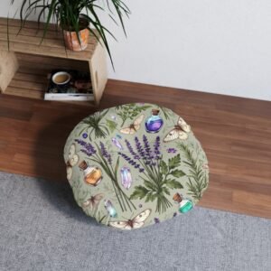 Lavender Apothecary Round Floor Pillow — Botanical Herbs, Crystals & Moths Tufted Cushion