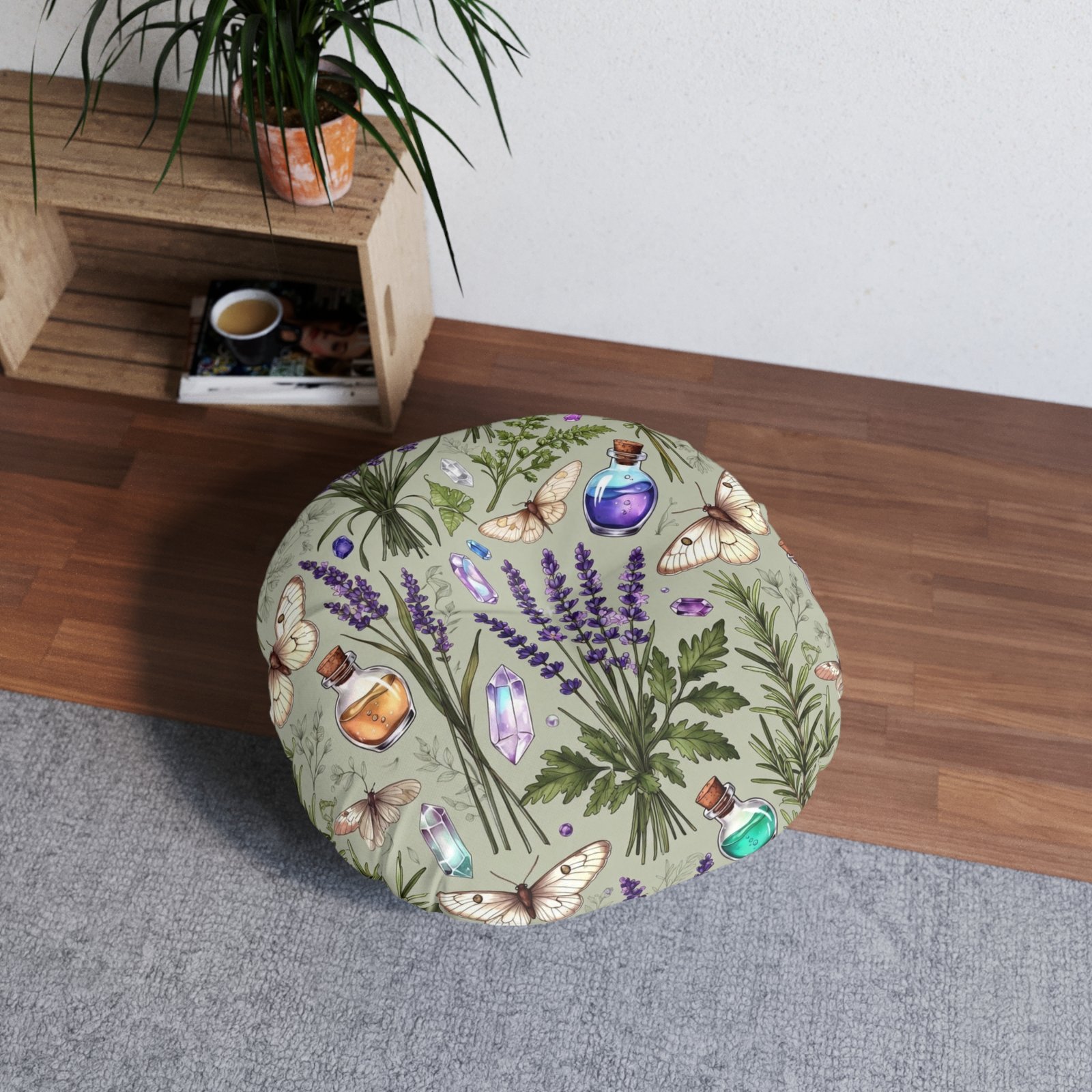Lavender Apothecary Round Floor Pillow — Botanical Herbs, Crystals & Moths Tufted Cushion