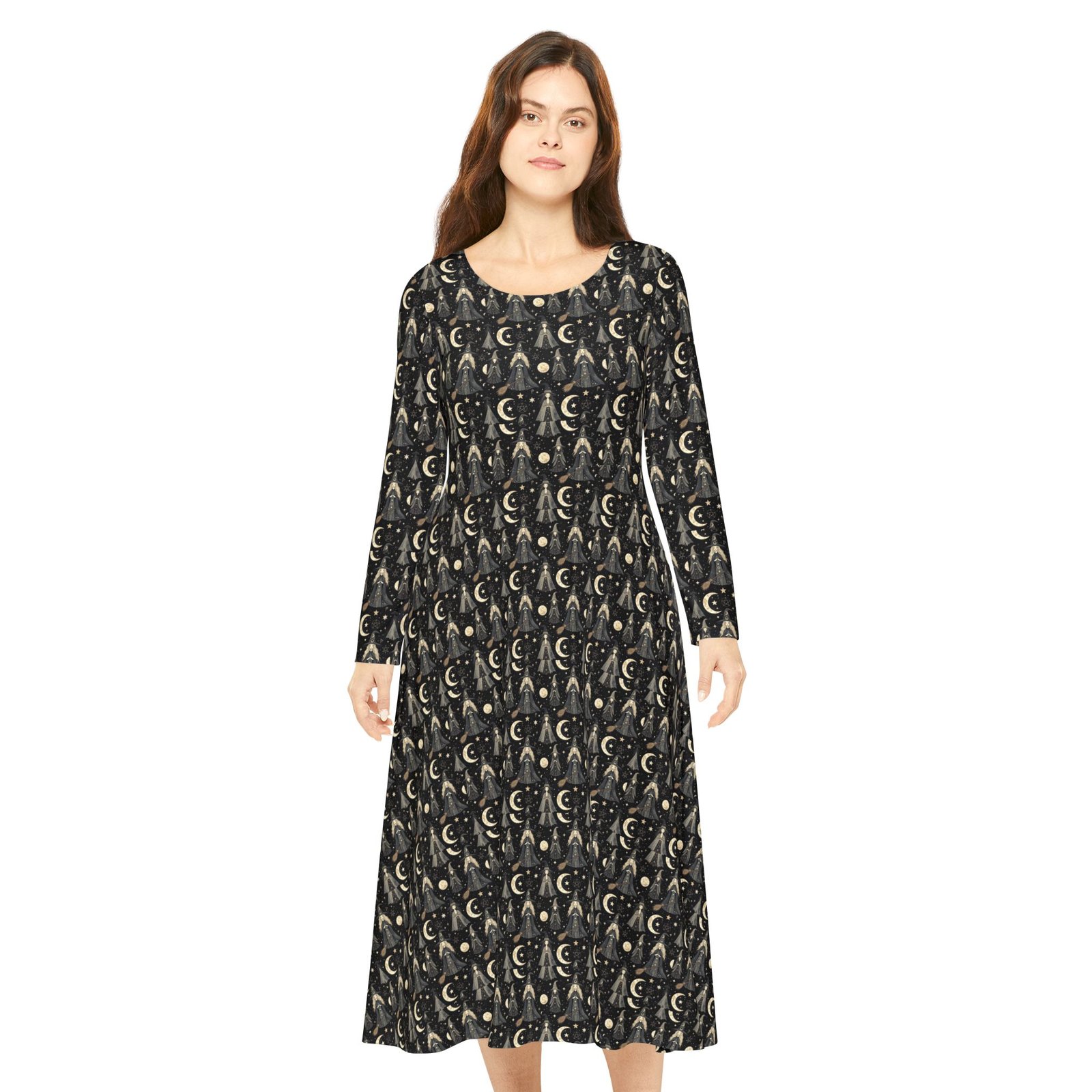 Moonlit Goddess Dance Dress – Long Sleeve Flared Maxi with Crescent Moon Pattern - Image 4