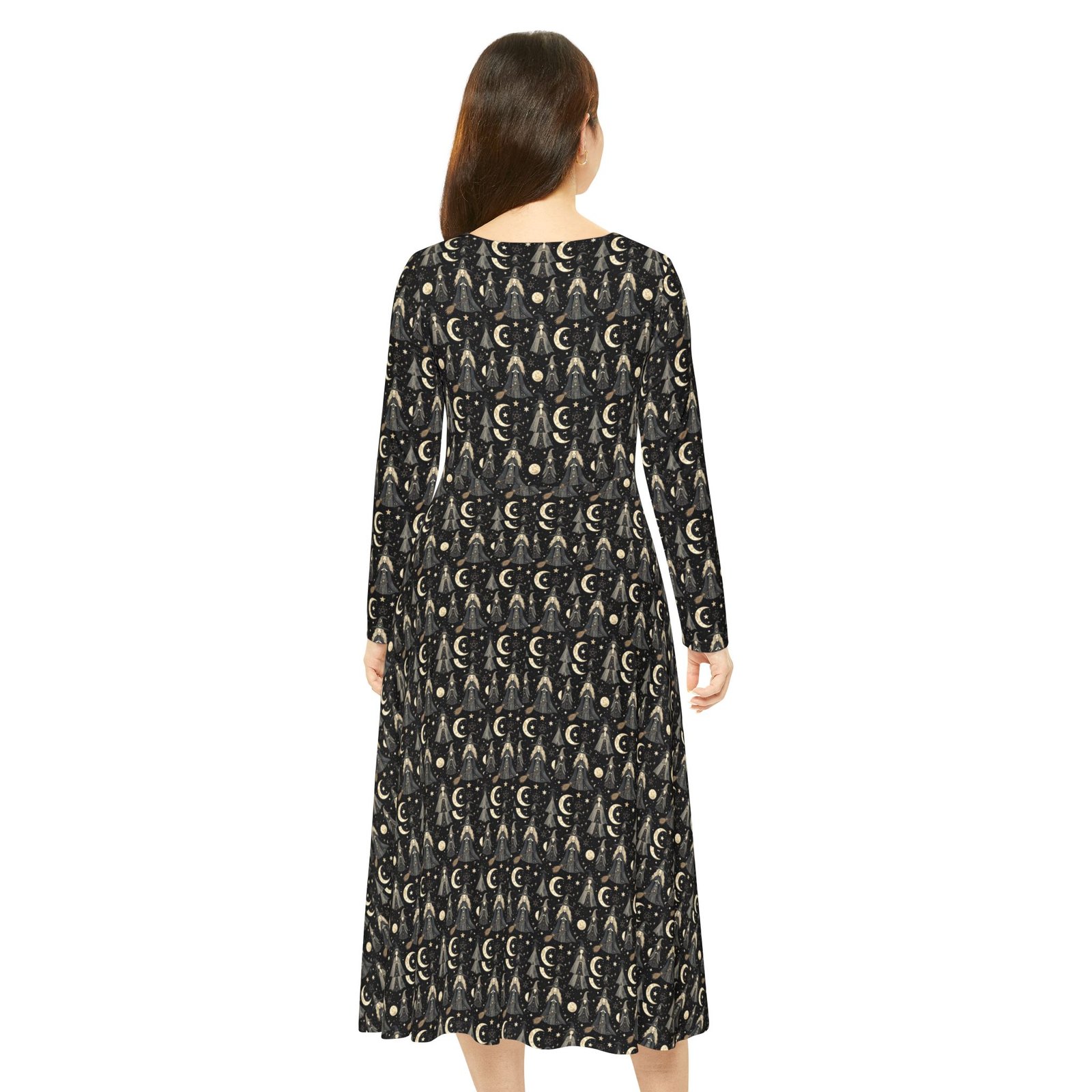 Moonlit Goddess Dance Dress – Long Sleeve Flared Maxi with Crescent Moon Pattern - Image 5