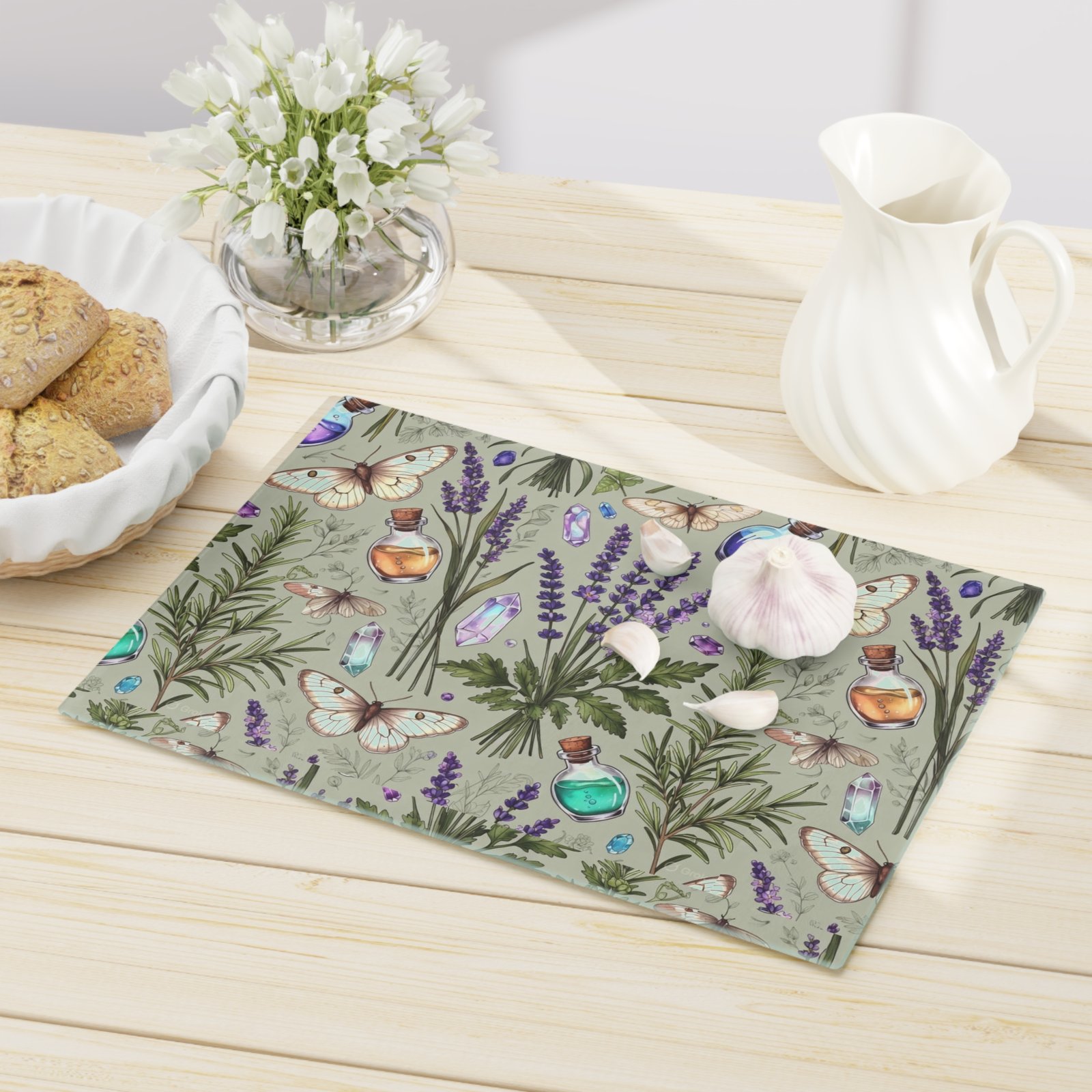 Herbal Apothecary Cutting Board — Lavender, Botanicals & Potion Bottle Kitchen Decor