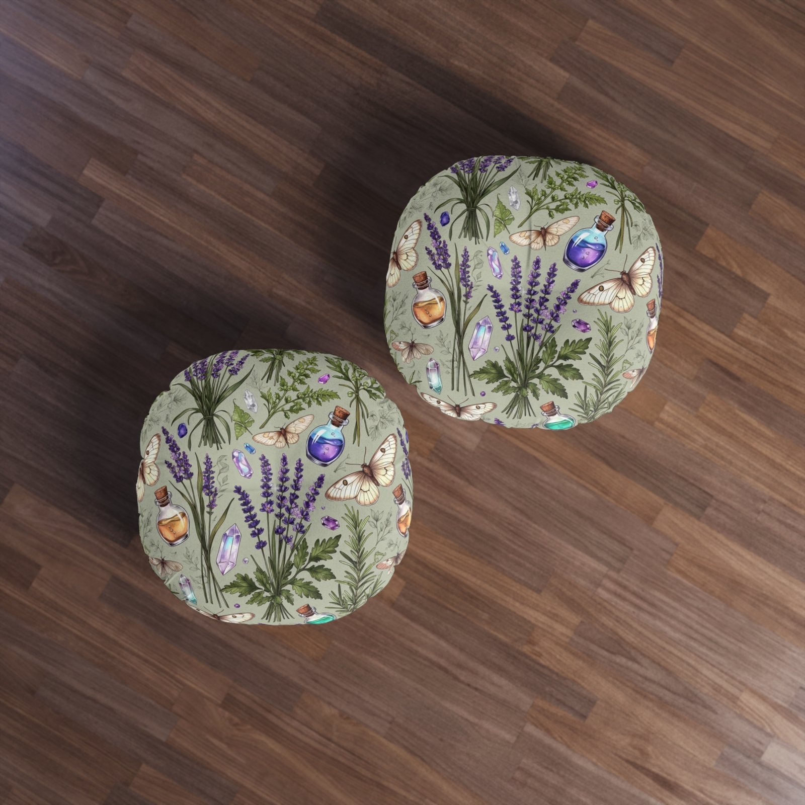 Lavender Apothecary Round Floor Pillow — Botanical Herbs, Crystals & Moths Tufted Cushion - Image 4