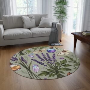 Lavender Botanical Round Rug — Floral Herbs, Crystals & Potion Bottle Accent Mat