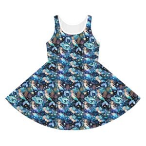 Girls' Mermaid Print Sundress - Ocean Waves AOP Sleeveless Dress