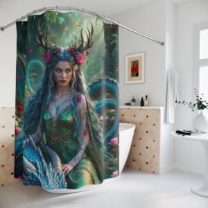 Mystic Forest Goddess Shower Curtain — Enchanted Antlered Nymph Bathroom Decor