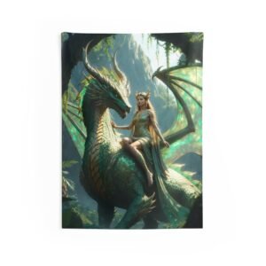 Dragon Guardian Tapestry — Fantasy Woman on Emerald Dragon Wall Hanging