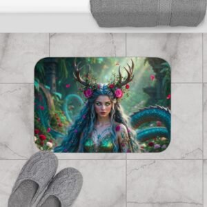 Enchanted Forest Nymph Bath Mat — Mystic Deer-Antler Goddess Bathroom Rug