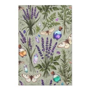Lavender Apothecary Area Rug — Botanical Herbs, Moths & Crystal Potion Design