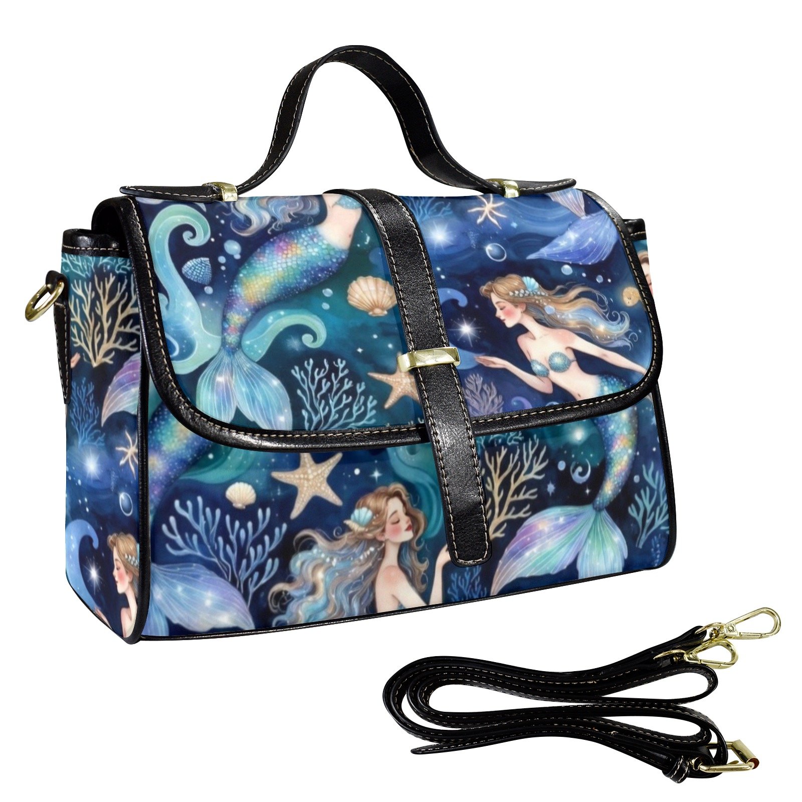 Mermaid Satchel Multi-Function Leather Satchel-Black (Model 1739)