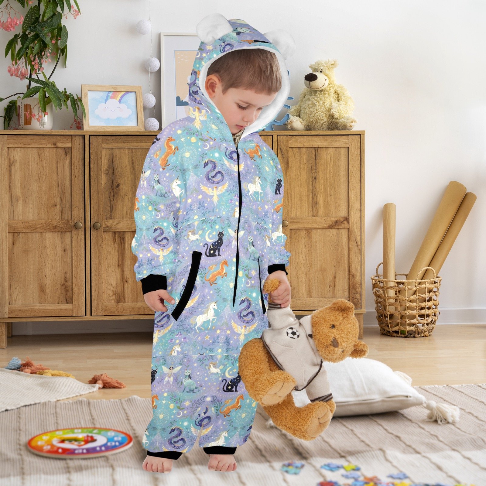 kids unicorn cat dragon zip up pajamas One-Piece Zip up Hooded Pajamas for Little Kids - Image 5