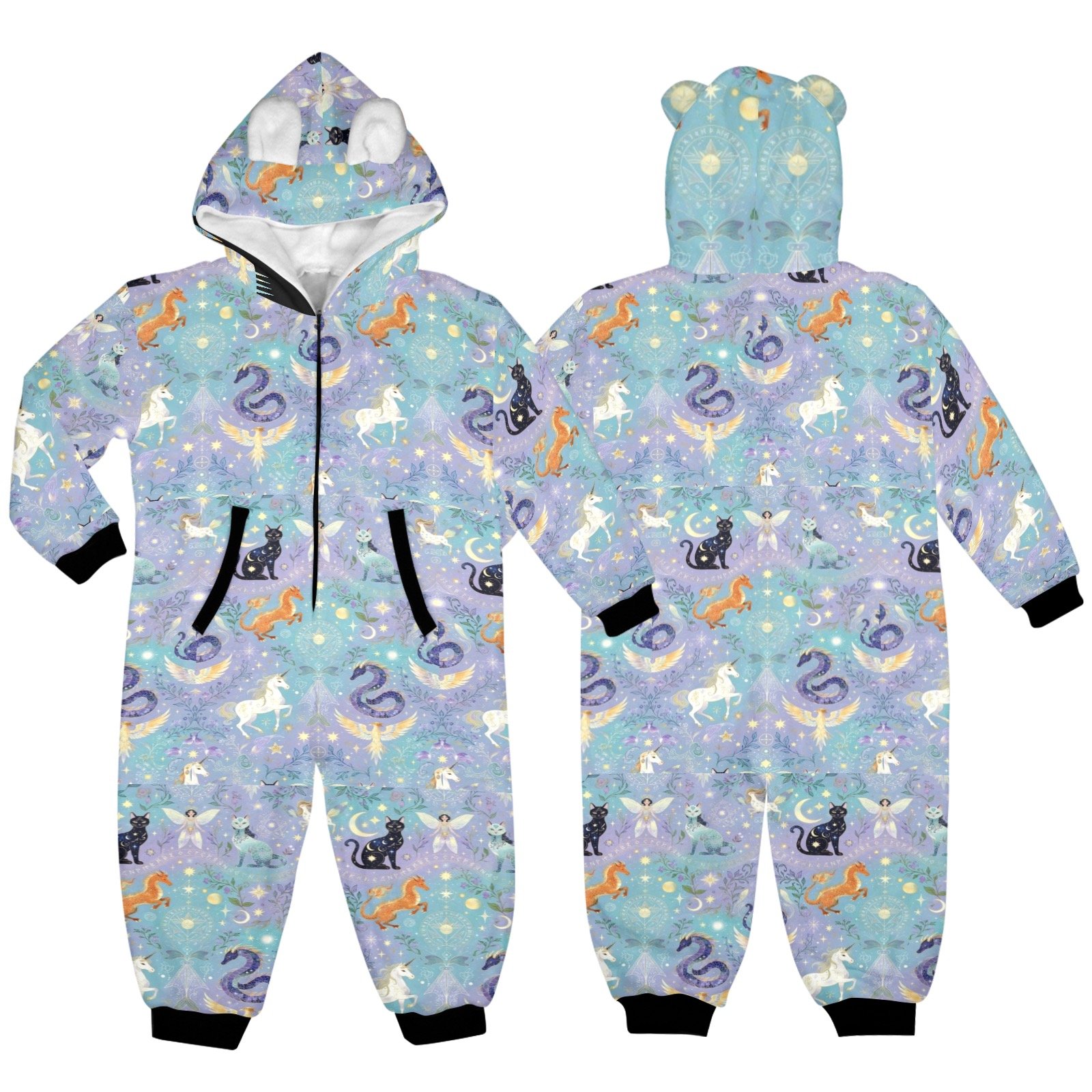 kids unicorn cat dragon zip up pajamas One-Piece Zip up Hooded Pajamas for Little Kids - Image 4