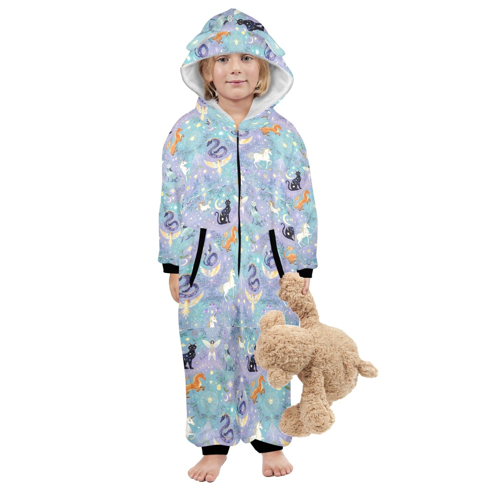 kids unicorn cat dragon zip up pajamas One-Piece Zip up Hooded Pajamas for Little Kids - Image 2