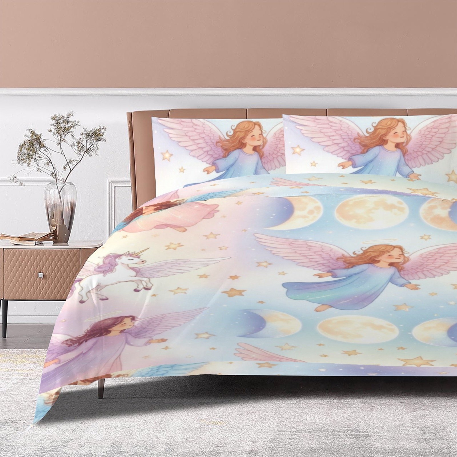 Mystical Angels, Unicorns and Triple Moon Comforter Set 4-Piece Bedding Set with Blank Fitted Sheet 74.8x82.7inch - Image 3