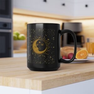 Sun Moon Stars Black Mug, 15oz